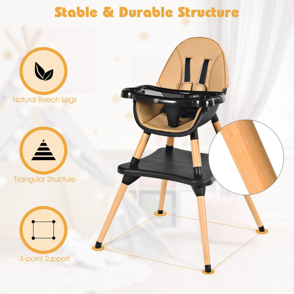 NNECW 5-in-1 Convertible Wooden High Chair for Toddlers-Coffee